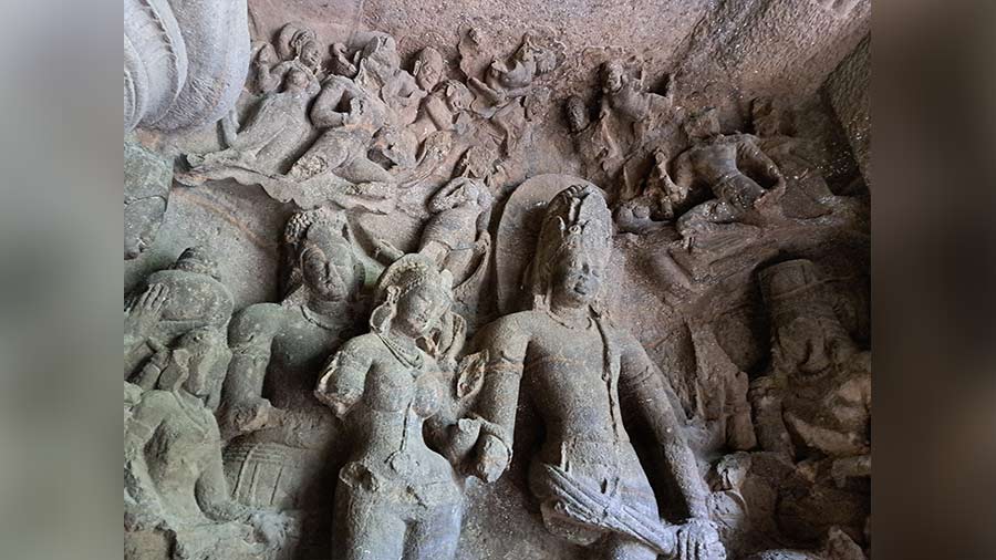 A carving shows Shiva’s marriage to Parvati