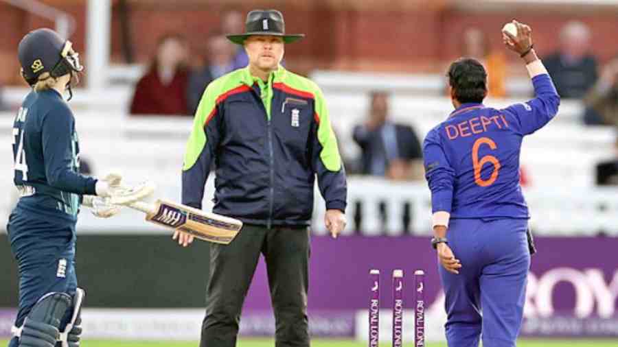 Deepti Sharma of India runs out Charlie Dean of England to claim victory during the third ODI at Lord’s on Saturday.