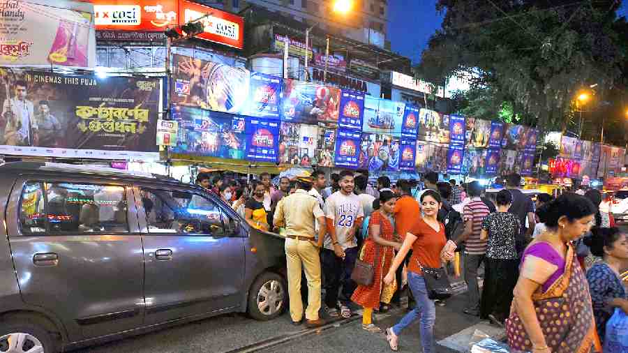 Puja shoppers at Gariahat late on Sunday evening. 