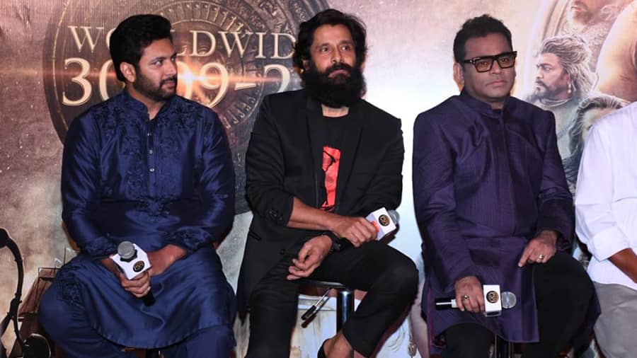 Jayam Ravi, Vikram and A.R. Rahman at the event.