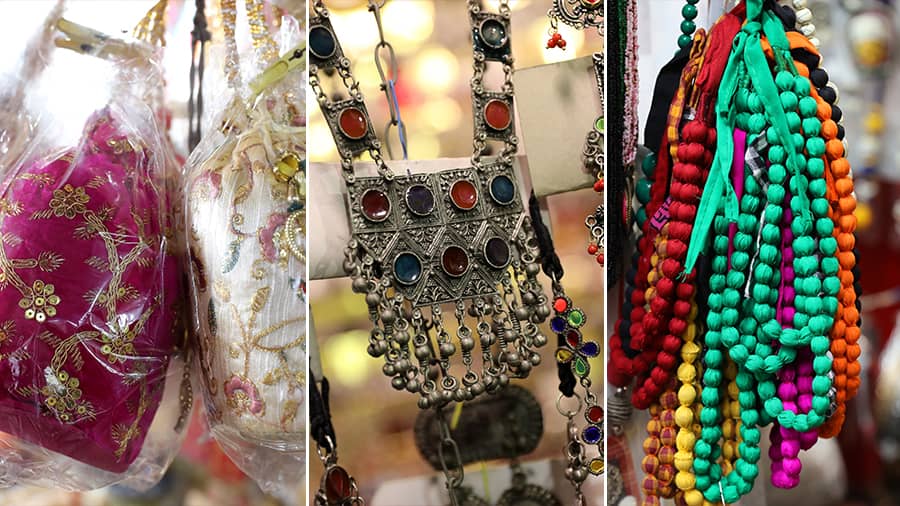 Stylish potlis, Afghani neckpieces to cloth-beaded accessories displayed at the Gariahat market