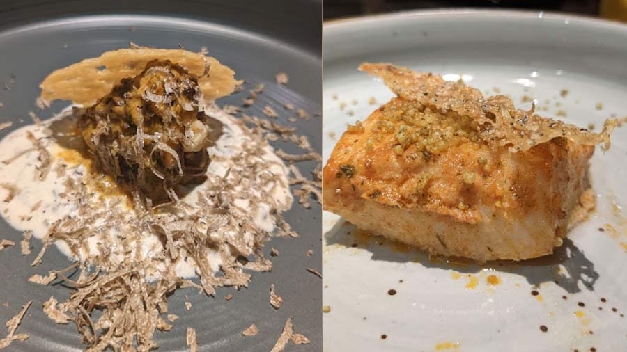 Crowd favourites from the Indian Accent pop-up menu: Kashmiri Morel Musallam with Parmesan papad; (right) Baked Cod with Amritsari butter masala, mint boondi and papad