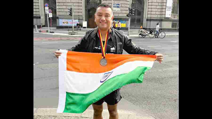 Vikram Rai after finishing the BMW Berlin Marathon in Germany on Sunday.