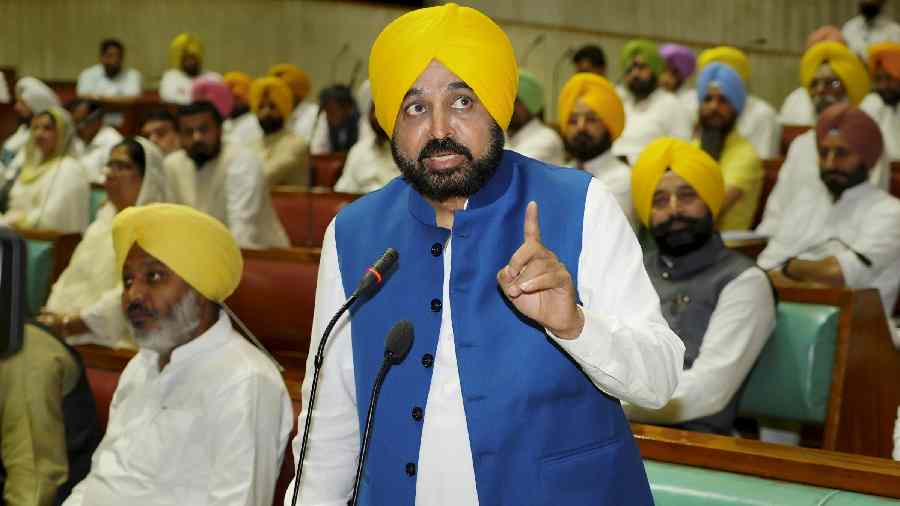 Punjab Chief Minister Bhagwant Mann speaks during the ongoing session of Punjab Legislative Assembly, in Chandigarh