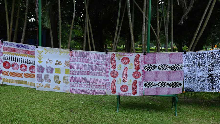 Freshly block-printed fabrics left out to dry