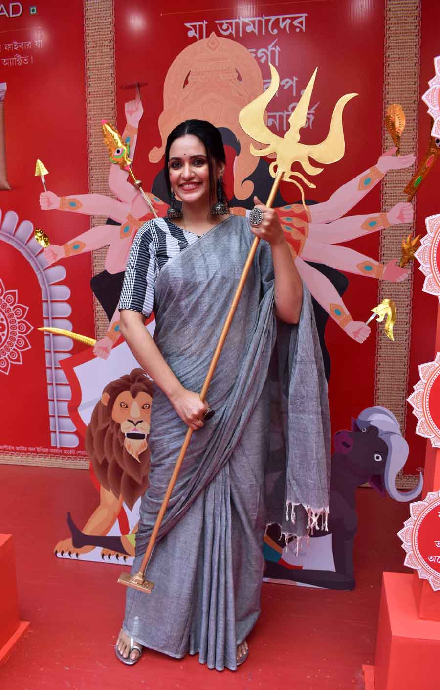 Actress Priyanka Sarkar at Bagbazar Sarbojonin Puja pandal on Wednesday