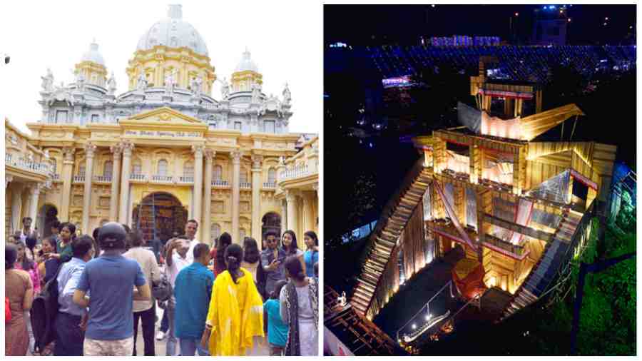 A replica of St Peter’s Basilica of the Vatican City at the Sreebhumi puja; (right, in picture by Sanat Kr Sinha) Nazrul Park Unnayan Samity’s pandal depicts a war-ravaged building in Ukraine