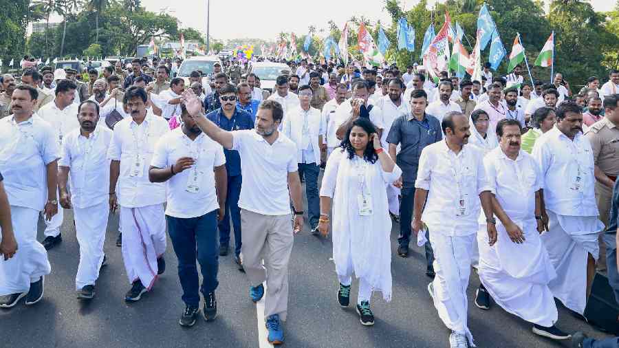 Congress leader Rahul Gandhi during the 17th day of partys Bharat Jodo Yatra in Thrissur, Kerala