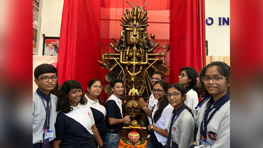 Students of Techno India schools, colleges and the university came together to conceptualise and create their recycled Durga idol in just about 45 days
