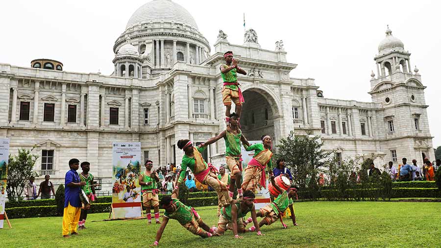 Artistes perform Raibenshe, a form of folk dance from Murshidabad