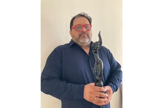 Dipankar Chaki with his Filmfare Award for Best Sound Design in 'Sardar Udham'
