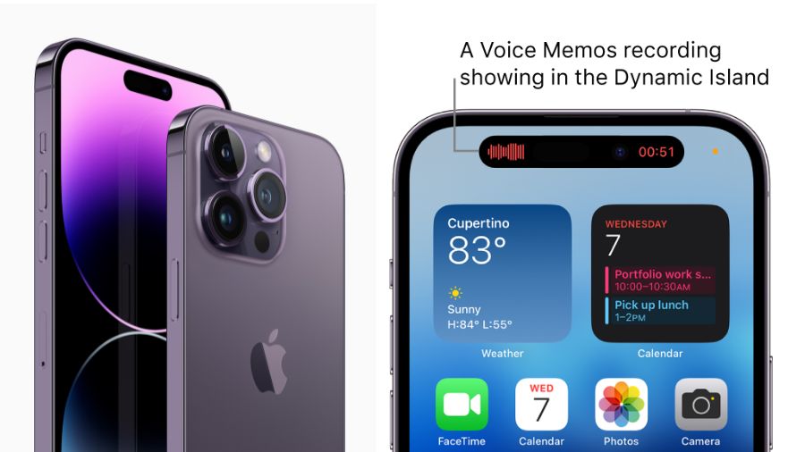 On iPhone 14 Pro and iPhone 14 Pro Max, you can check alerts and current activity in progress — such as a Voice Memos recording, music that’s playing, and directions from Maps — in the Dynamic Island on the Home Screen or in any app