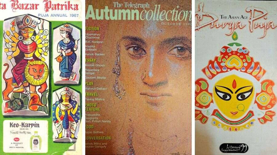 (L-R) Durga Puja special editions of Amrita Bazar Patrika, The Telegraph, and The Asian Age
