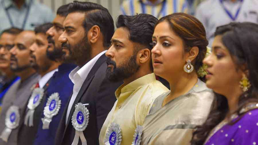 Actors Ajay Devgn, Suriya and others during the 68th National Film Awards presentation ceremony at Vigyan Bhawan in New Delhi