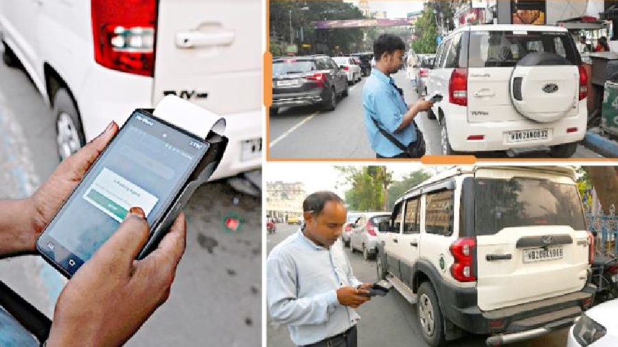 (Clockwise) A parking attendant with a POS machine on Park Street; Parking attendants use POS machines on Park Street and (below) on Jawaharlal Nehru Road to collect parking fees on Friday