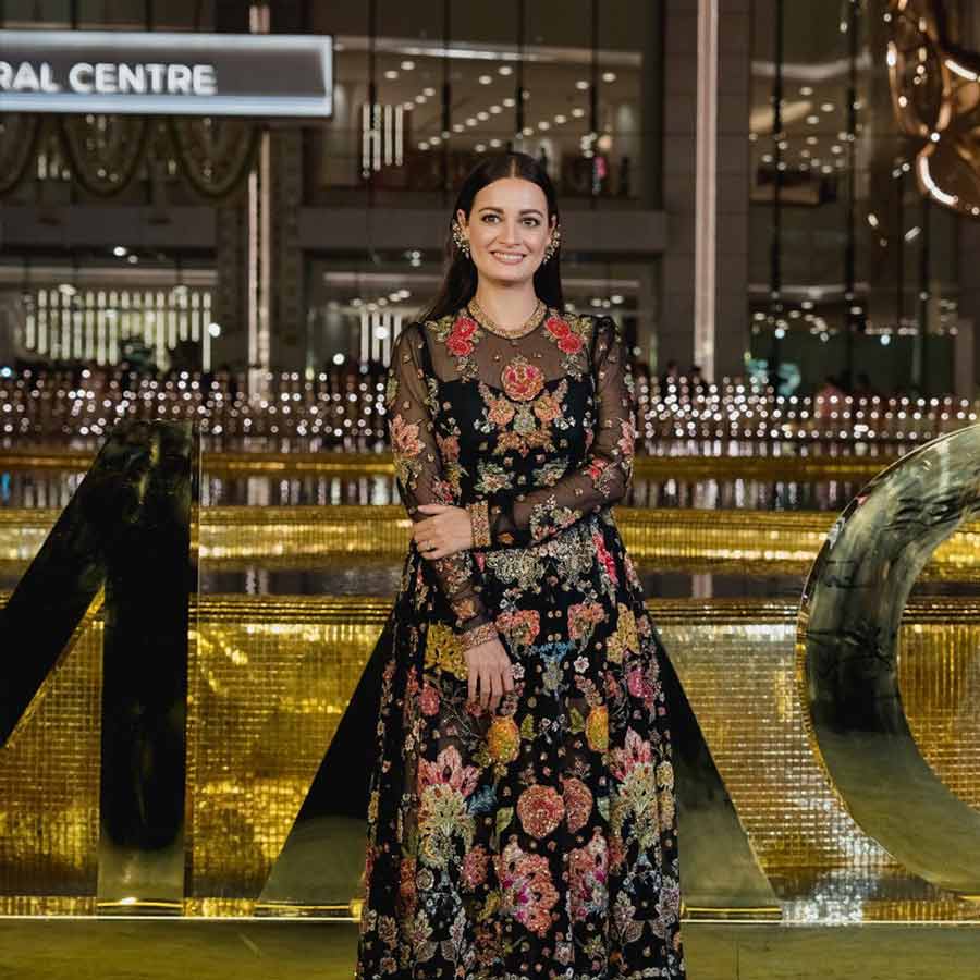 Dia Mirza glowed in a black floral gown with sheer sleeves and golden jewellery to go with it. 