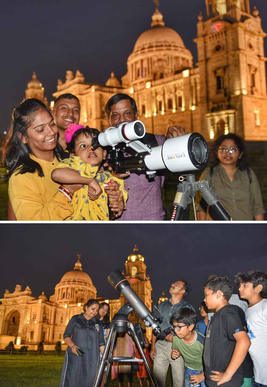 To create awareness on astronomy and to build a cultural space, Victoria Memorial organised a two-day Astro Night show in association with Birla Industrial and Technological Museum, a unit under the National Council of Science Museums, Science City, Kolkata, Sky Watchers’ Association and IISER, Kolkata, which began on Saturday. The event started around 6pm and included stargazing, lectures on astronomy and science shows