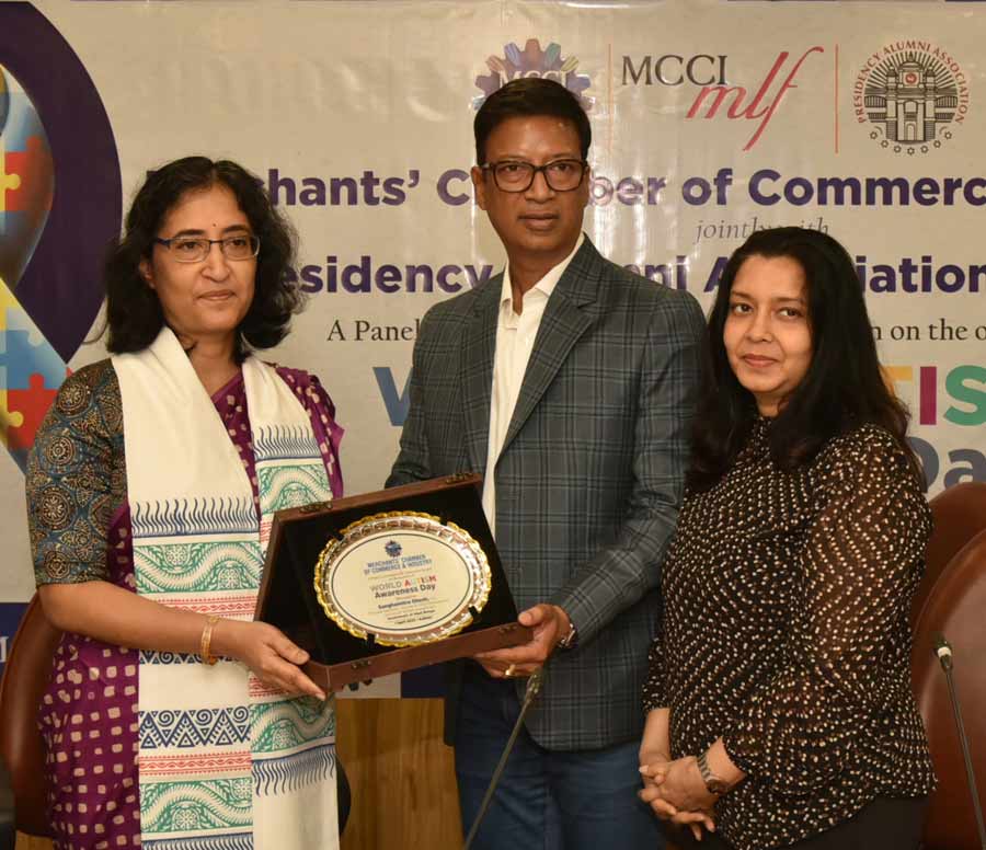 The Merchants’ Chamber of Commerce & Industry and the Presidency Alumni Association Calcutta jointly conducted a panel discussion & interactive session titled Fight Discrimination through Inclusion on the occasion of World Autism Awareness Day on Saturday. Sanghamitra Ghosh, IAS, principal secretary, Women & Child Development and Social Welfare Department Government of West Bengal was felicitated by Namit Bajoria, President MCCI & Nita Bajoria chairperson, council for MCCI Ladies’ Forum  