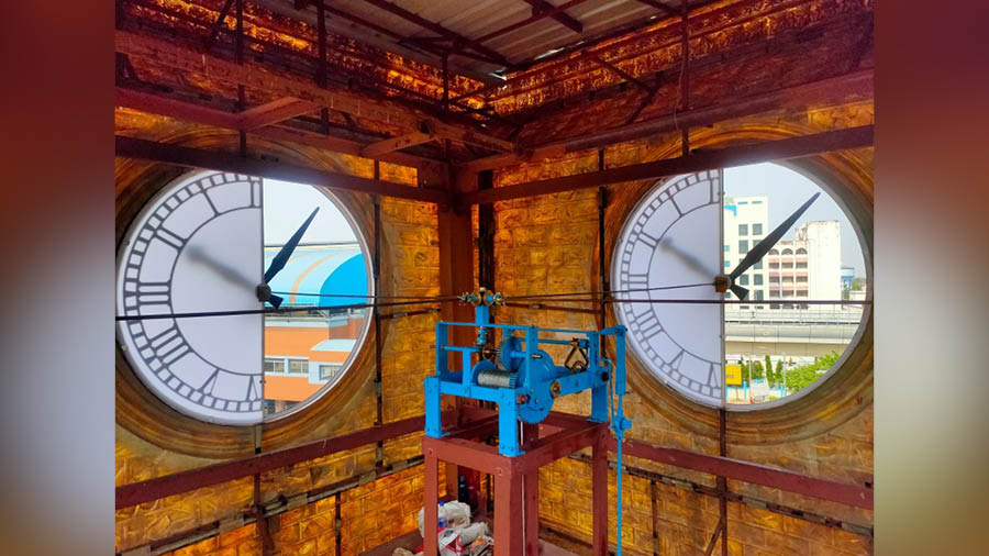 An inside view of the clock tower Swapan and Satyajit Dutta made functional near Kolkata’s Karunamoyee bus station 