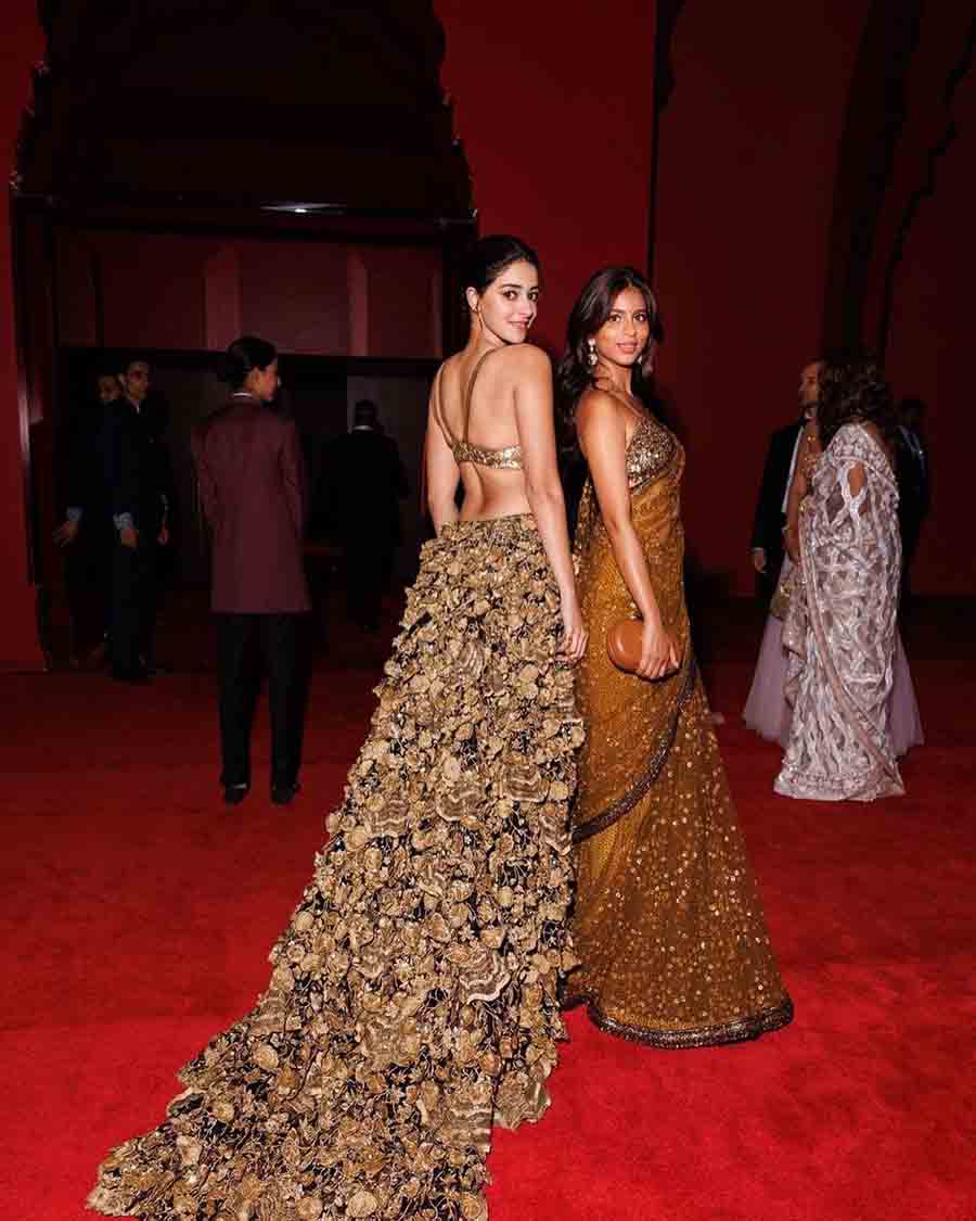 Besties Ananya Panday and Suhana Khan. While Ananya stunned in a cut-out gown by Rahul Mishra, Suhana opted for a Sabyasachi sheer sari. 