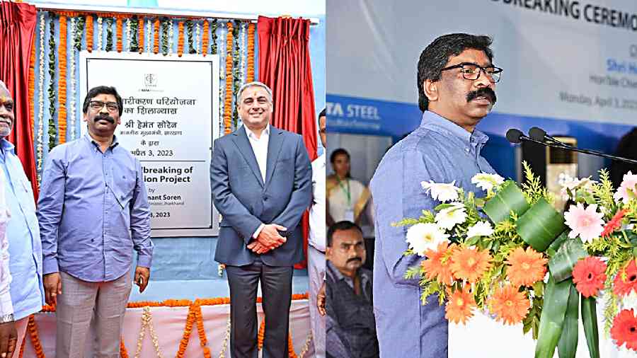 Hemant Soren addresses after the groundbreaking ceremony in Jamshedpur on Monday and (right) Hemant Soren unveils the plaque to mark groundbreaking ceremony.