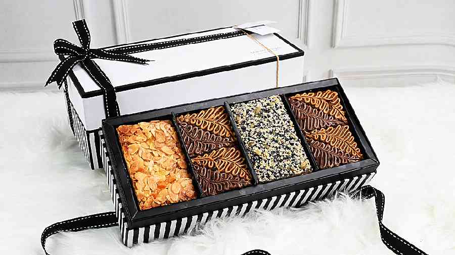 From the corporate gifting options, this monochromatic yet chicly packaged dessert box has the bestsellers like the Almond Florentine Cookies, Insomnia Brownies and SesameSeed Florentine Cookies. Rs 890 (for Insomnia Brownies)