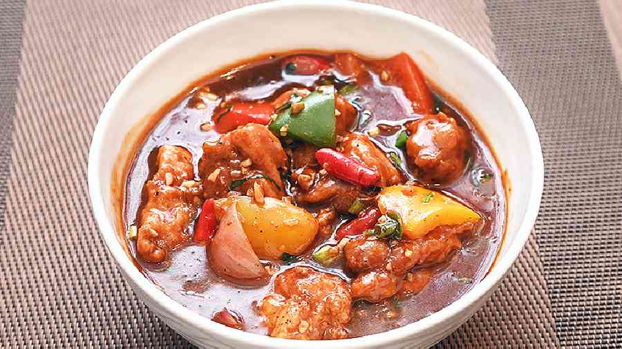Chilli Basil Chicken: For a comforting gravy eat, try this mildly flavoured chicken side dish. Its subtle flavours make it a perfect accompaniment as it does not have any overpowering taste. Rs 285 (chicken), Rs 255 (veg), Rs 305 (fish), Rs 375 (prawn)