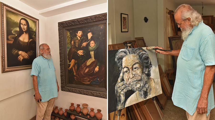 Tarak sold over 300 of his paintings to support the family during a financial crunch.  He is currently putting the finishing touches to (right) a portrait of his mentor, Ramkinkar Baij
