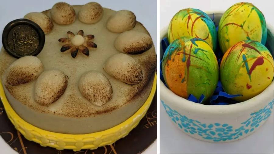 Simnel Cake and real-shell chocolate Easter eggs at Flurys