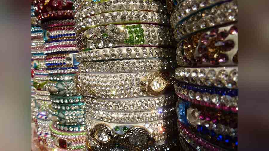 Glittering stone bangles in a jewellery shop