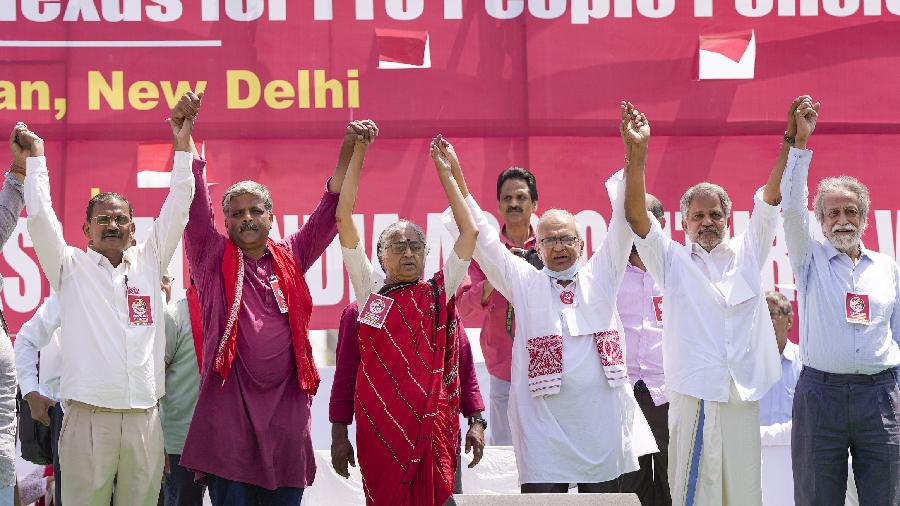 Labour leaders and activists join hands at the rally. The workers demanded from the government policies that allow access to education, healthcare, and a dignified life for them and their children, it said.
