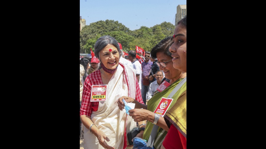 CPI(M) leader Brinda Karat during the Mazdoor-Kisan Sangharsh Rally called by CITU, AIKS and AIAWU, at Ramlila Maidan in New Delhi. 