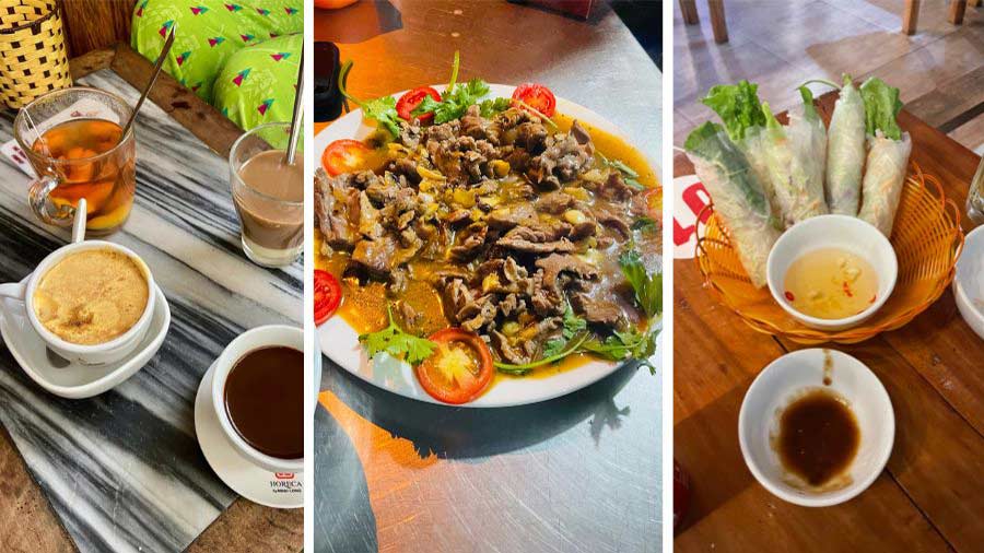 Egg coffee at Cafe Giang, stir-fried beef and Vietnamese Spring Rolls at a local restaurant 