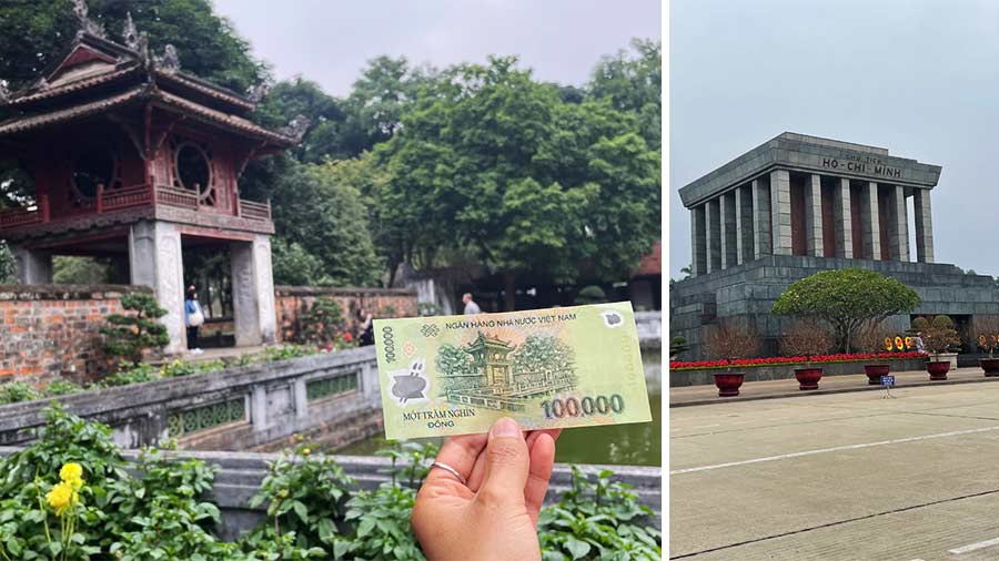 The Temple of Literature structure juxtaposed with a 100,000 Vietnamese Dong currency note and the Ho Chi Minh Mausoleum