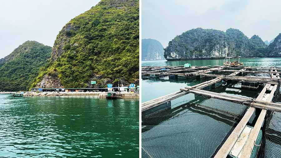 The shores of Cat Ba Island and a fish farm on Halong Bay 