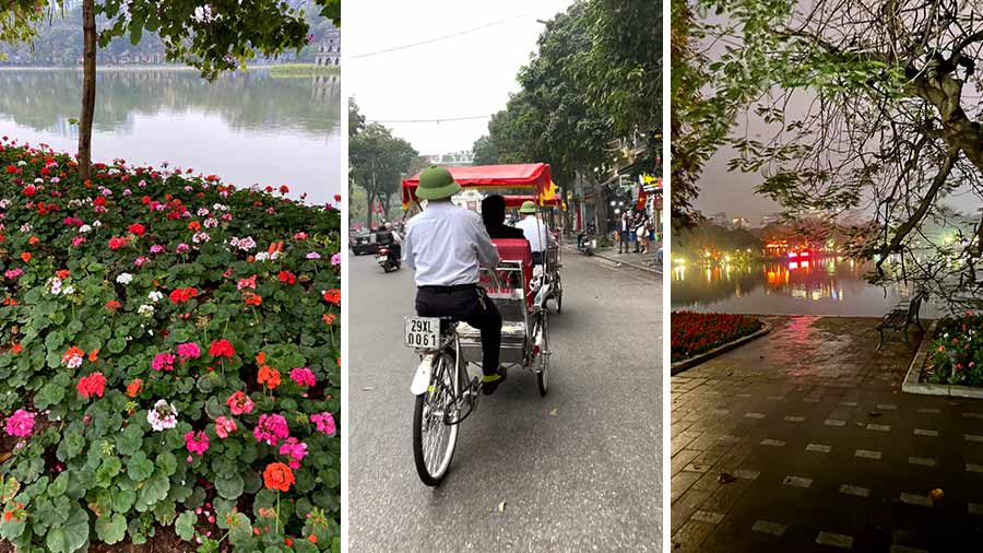 A flower bed, a rickshaw ride and a rainy evening, all by the Hoan Kiem Lake