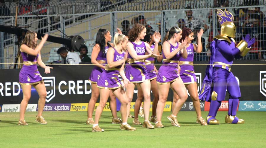 Cheerleaders take a ringside view of the ground before the action begins