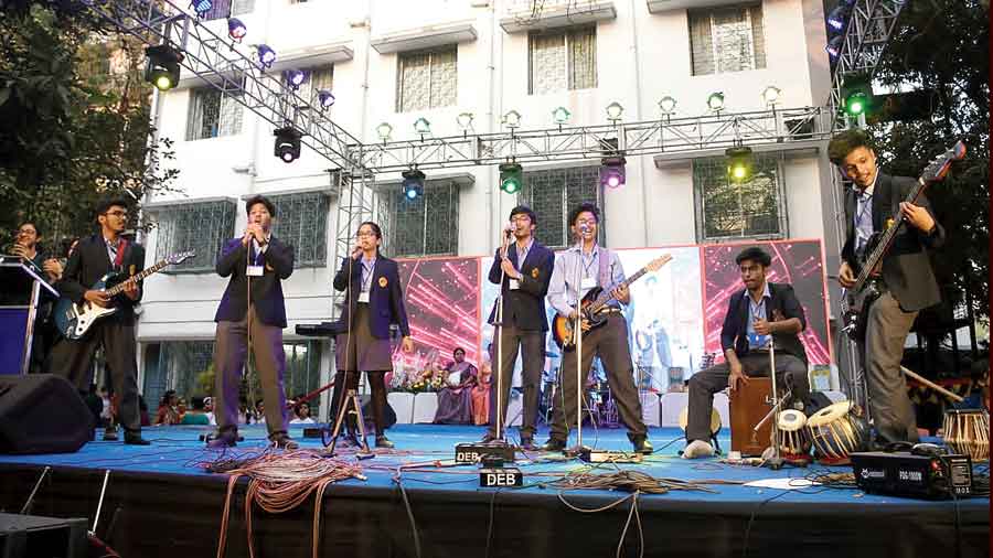 A team performs in the musical band contest at the Salt Lake School fest