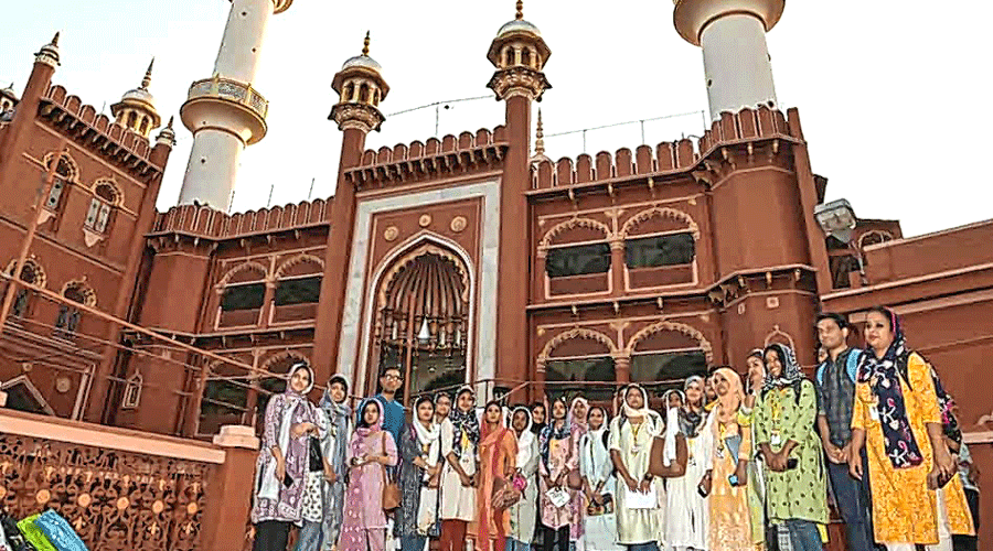 Students at Nakhoda Masjid on Thursday.