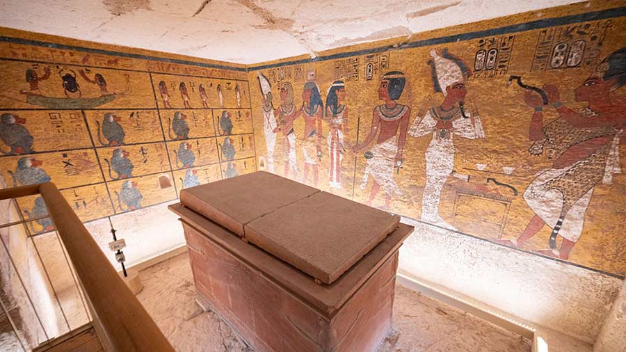 The sarcophagus inside the burial chamber of Tutankhamun