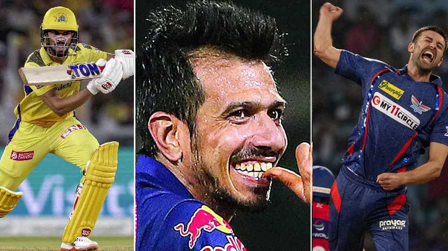 (L-R) Ruturaj Gaikwad, Yuzvendra Chahal and Mark Wood are all included in the first team of the week for IPL 2023. Every XI can contain a maximum of four overseas players besides having no more than three players from a single franchise