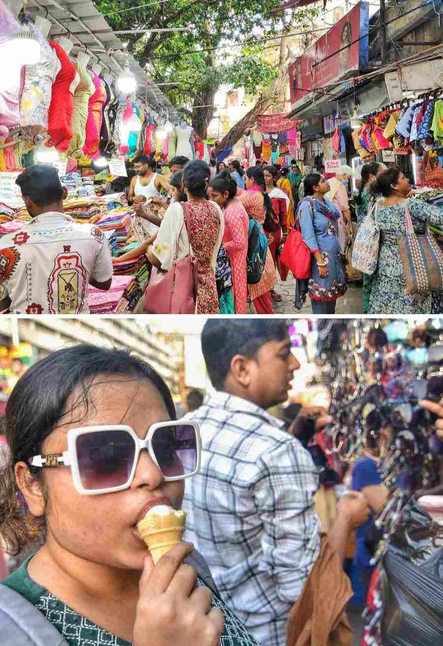 Women busy bargaining with stall owners at Gariahat for a good buy on Friday ahead of Poila Baishakh. Shoppers tried several ways to beat the heat while the Chaitra and Eid shopping went on in full swing