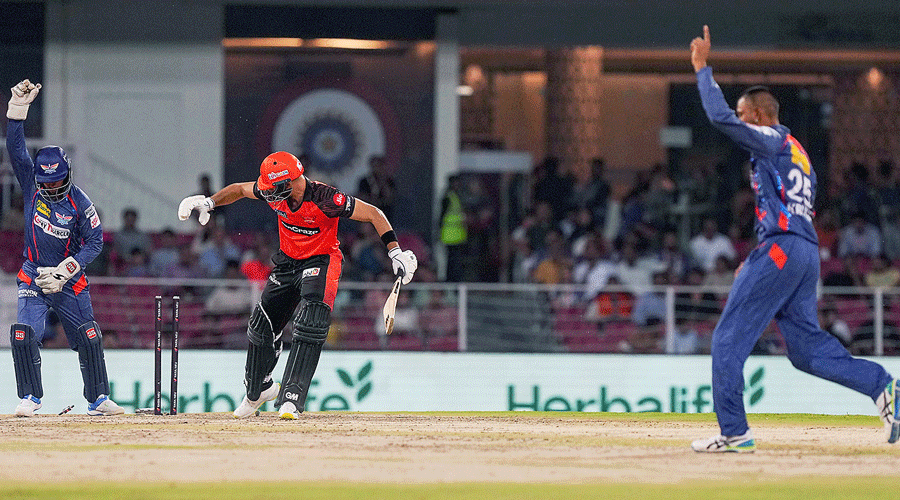 Man of the Match Krunal Pandya (right) of Lucknow Super Giants celebrates after taking Sunrisers Hyderabad captain Aiden Markram’s wicket on Friday. After taking 3/18 with the ball, Krunal hit 34 off 23 balls in Lucknow’s successful chase.