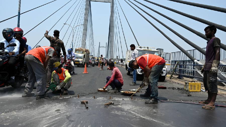 Repair works underway on the second Hooghly bridge on Wednesday