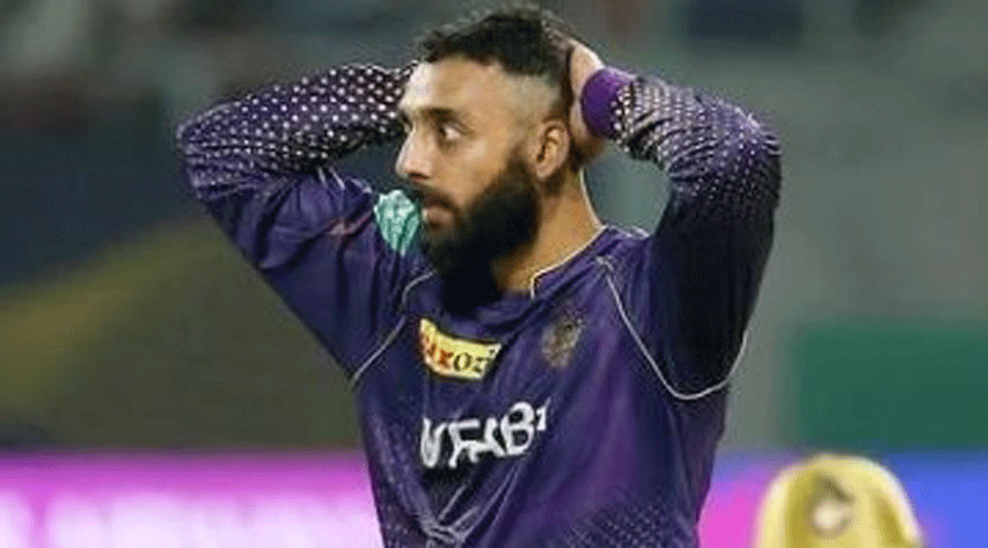 Varun Chakravarthy after dismissing Glenn Maxwell at the Eden on Thursday.