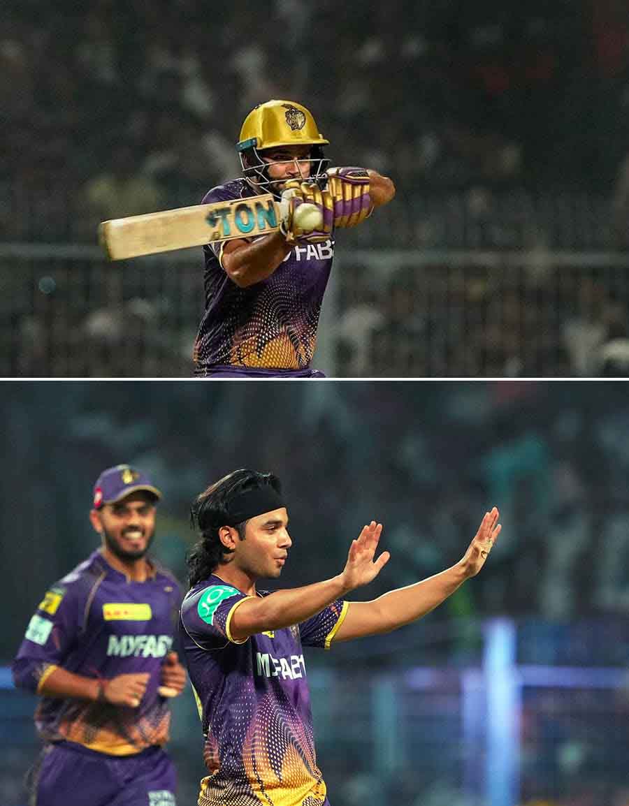 Kolkata Knight Riders took on Royal Challengers Bangalore at the Eden Gardens on April 6. KKR’s Shardul Thakur (top) was declared player of the match for his splendid 68 off 29 balls, while bowler Suyash Sharma (below) impressed with his four-wicket haul. The Knights won the match by 81 runs PTI