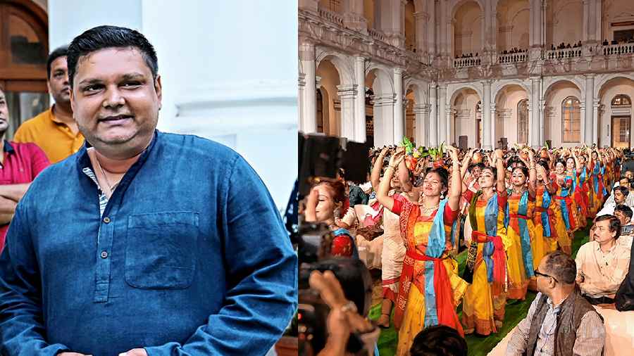 (l-r) Sayan Bhattacharya, education officer, Indian Museum, The colourful choreography saw the group perform to tracks like Anandaloke mangalaloke, Ore bhai fagun legechhe bon e bon e, Khelbo Holi and folk and Hindi songs