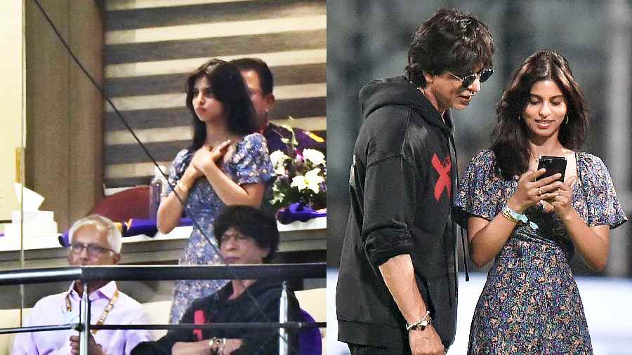 Tense moments transformed into happy smiles at the end of the day. (L-R) Jay Mehta, Suhana Khan and Shah Rukh Khan took in the match proceedings in the box. The father-daughter duo-- Shah Rukh Khan and Suhana-- in a heartwarming post-match moment