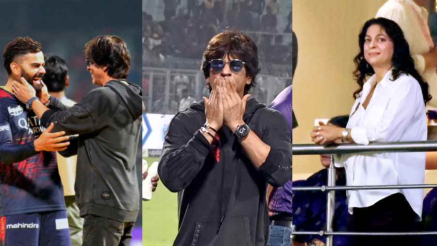 (l-r)The match done and dusted Shah Rukh Khan gave RCB’s jewel Virat Kohli a big hug, The kiss of the night. SRK’s to Eden! Juhi Chawla was back too, looking Zen-like in her whites