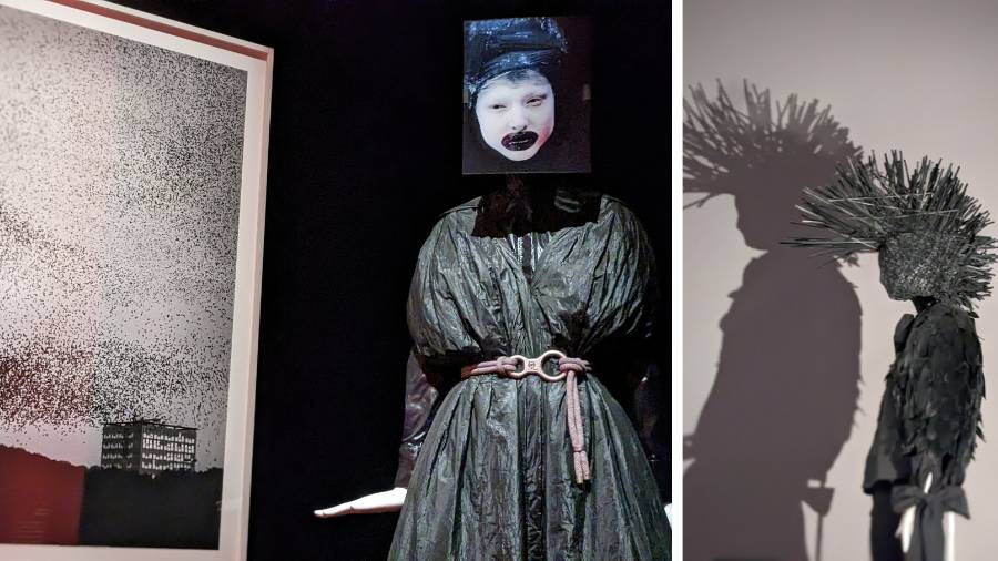L-R: McQueen’s designs juxtaposed with artworks and historical artefacts at the exhibition, and the cape, blouse and trousers from the Deliverance collection Spring/Summer 2004 on display (headpiece by Michael Schmidt)